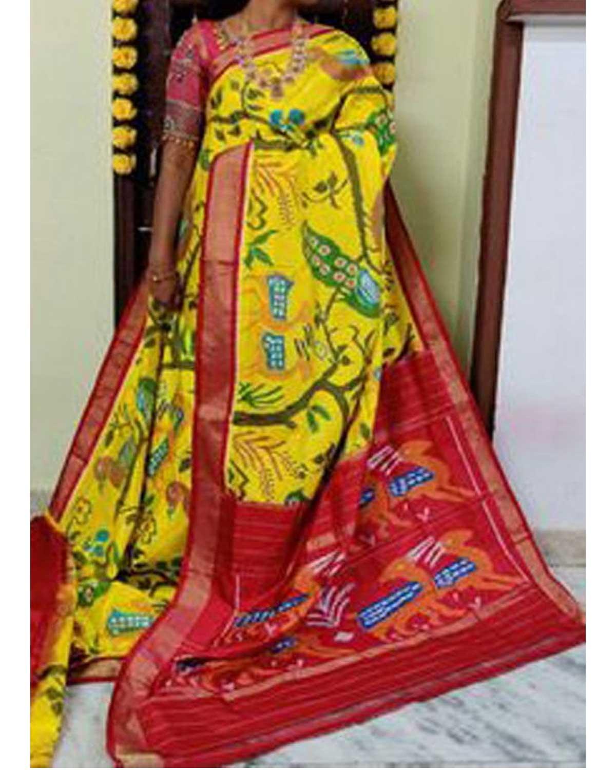 POCHAMPALLY IKAT YELLOW AND RED COLOR SARI - pochampallysarees.com