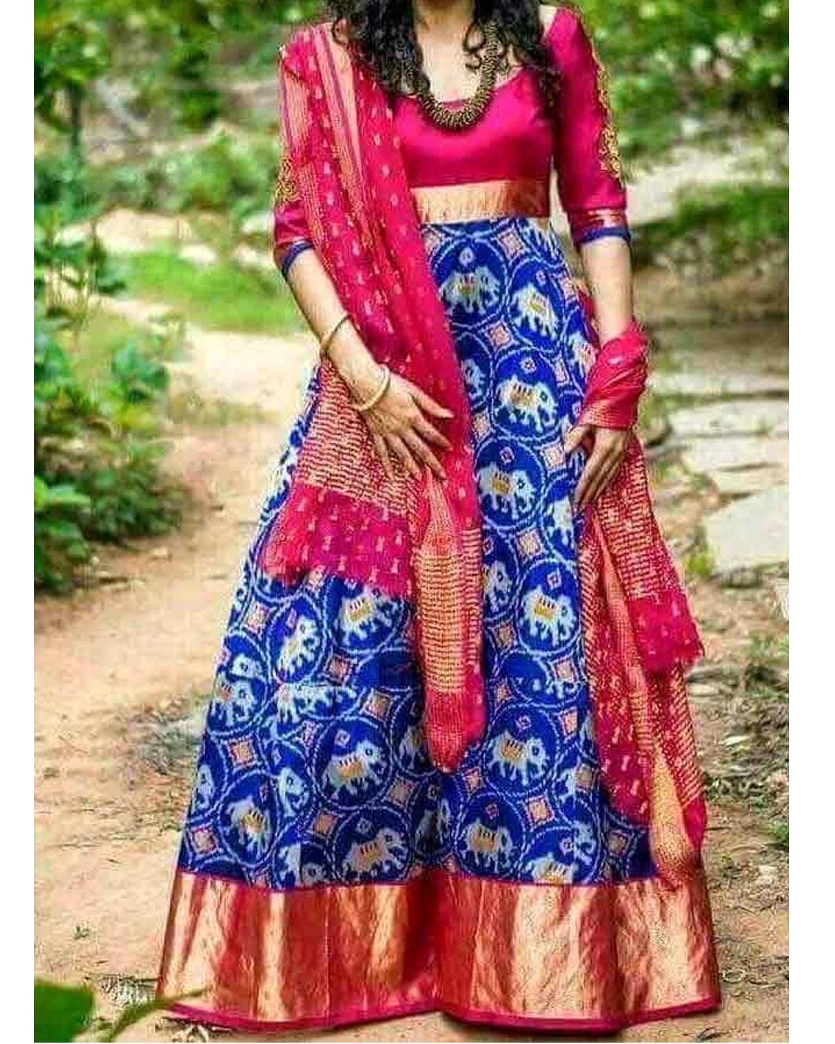 Ikkat silk lehengas with Kanchi border directly from weaver's call or  Whatsapp at +91-7286… | Half saree designs, Lehenga designs simple, Bridal  sarees south indian
