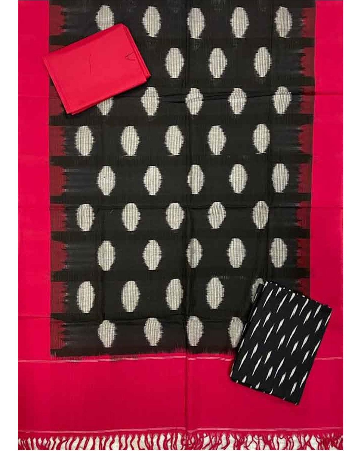 POCHAMPALLY IKKAT COTTON BLACK WITH RED COLOR DRESS MATERIAL - C22 - pochampallysarees.com