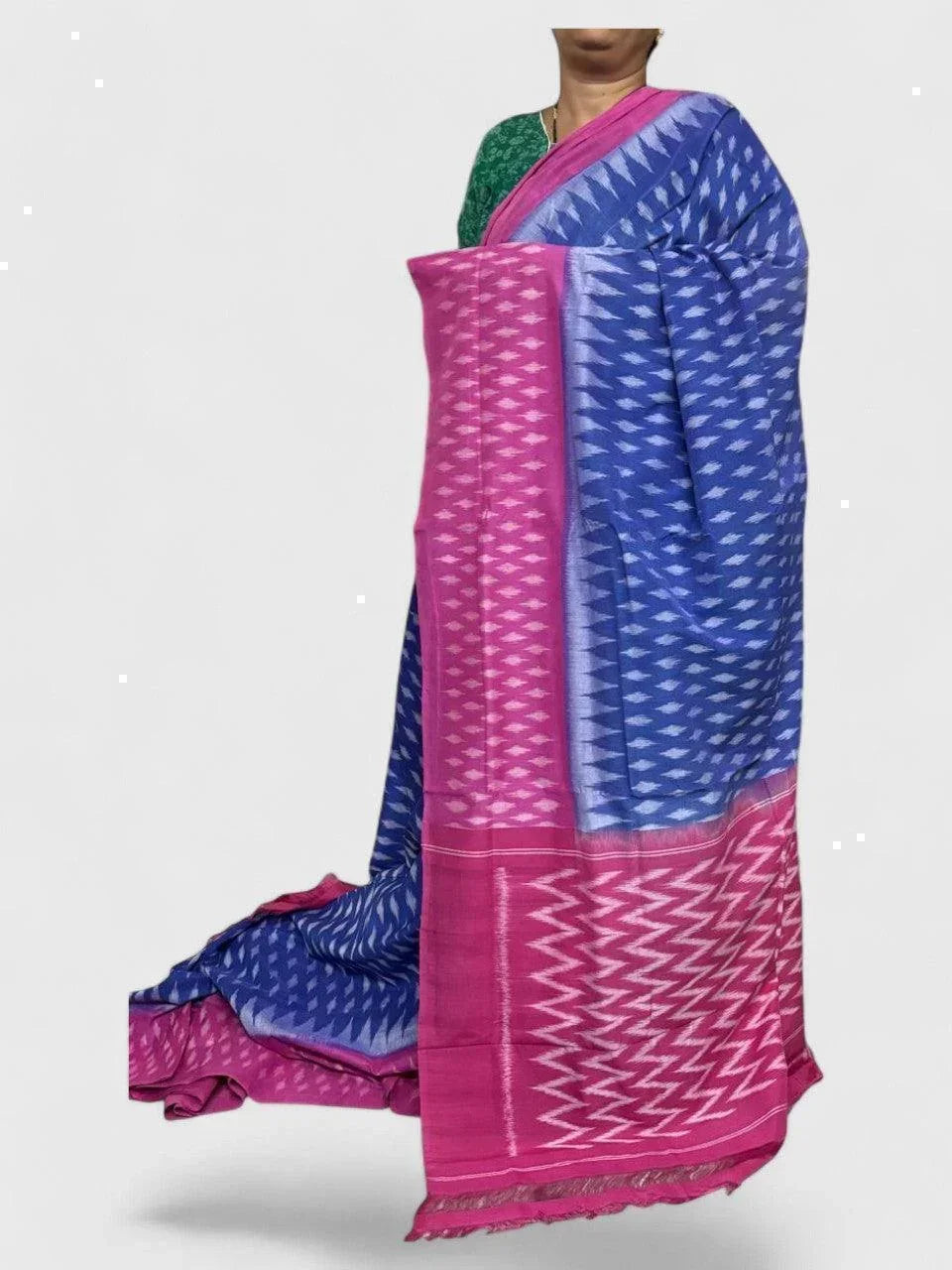 POCHAMPALLY IKKAT COTTON BLUE PINK - pochampallysarees.com