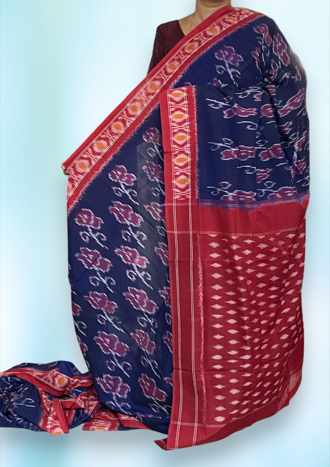 Pochampally Ikkat Cotton Blue Red - pochampallysarees.com