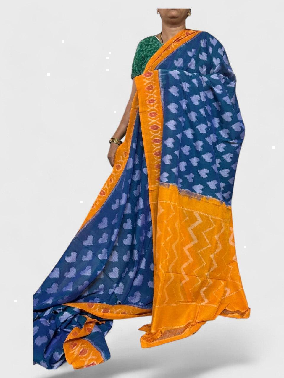 POCHAMPALLY IKKAT COTTON BLUE YELLOW - pochampallysarees.com