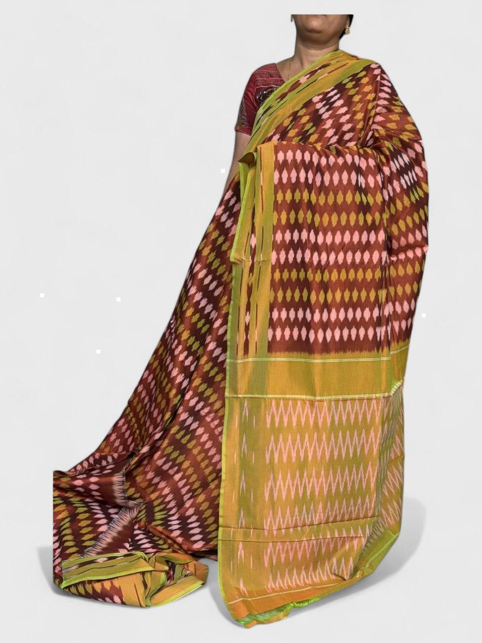 POCHAMPALLY IKKAT COTTON CHOCOLATE YELLOW - pochampallysarees.com