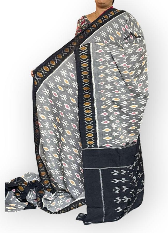 Pochampally Ikkat Cotton Gray Black - pochampallysarees.com