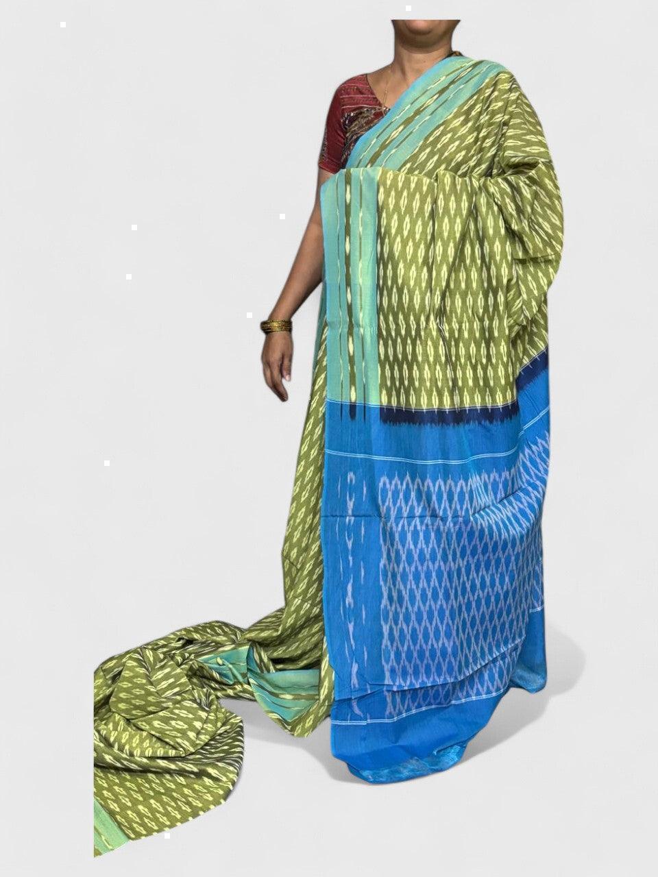 POCHAMPALLY IKKAT COTTON GREEN BLUE - pochampallysarees.com