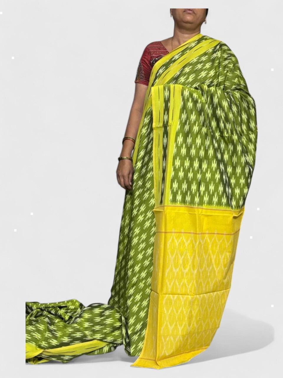 POCHAMPALLY IKKAT COTTON GREEN YELLOW - pochampallysarees.com