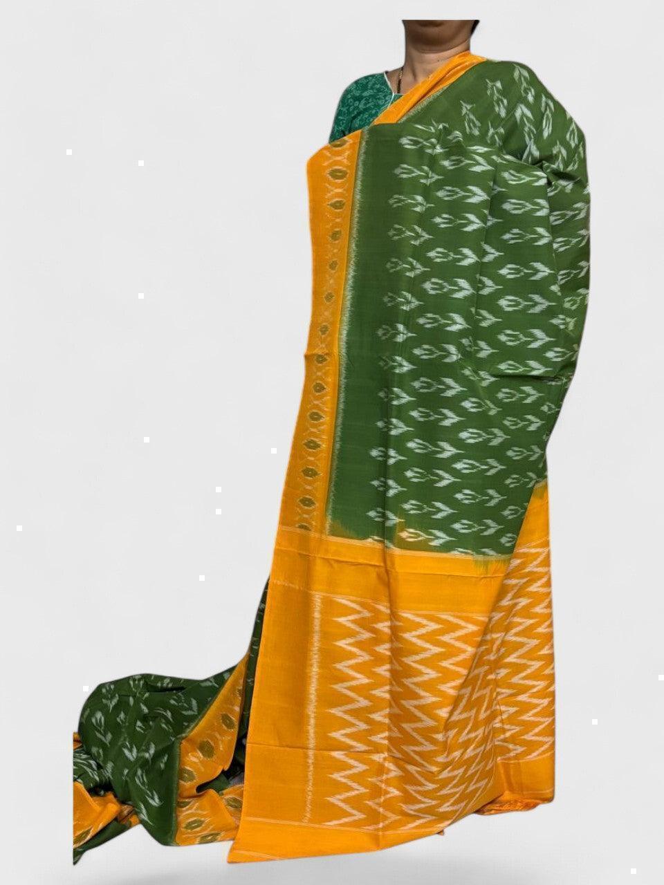POCHAMPALLY IKKAT COTTON GREEN YELLOW - pochampallysarees.com