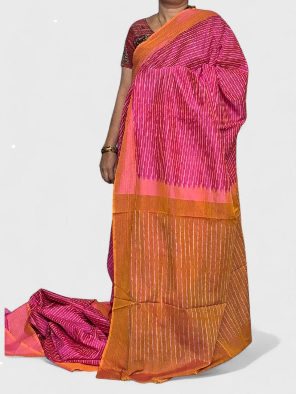 POCHAMPALLY IKKAT COTTON PINK BROWN - pochampallysarees.com