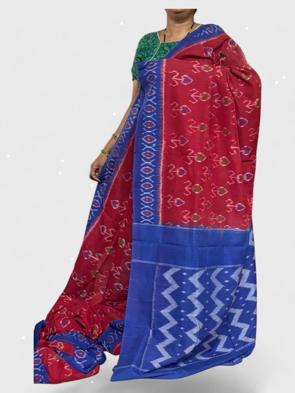 POCHAMPALLY IKKAT COTTON RED BLUE - pochampallysarees.com