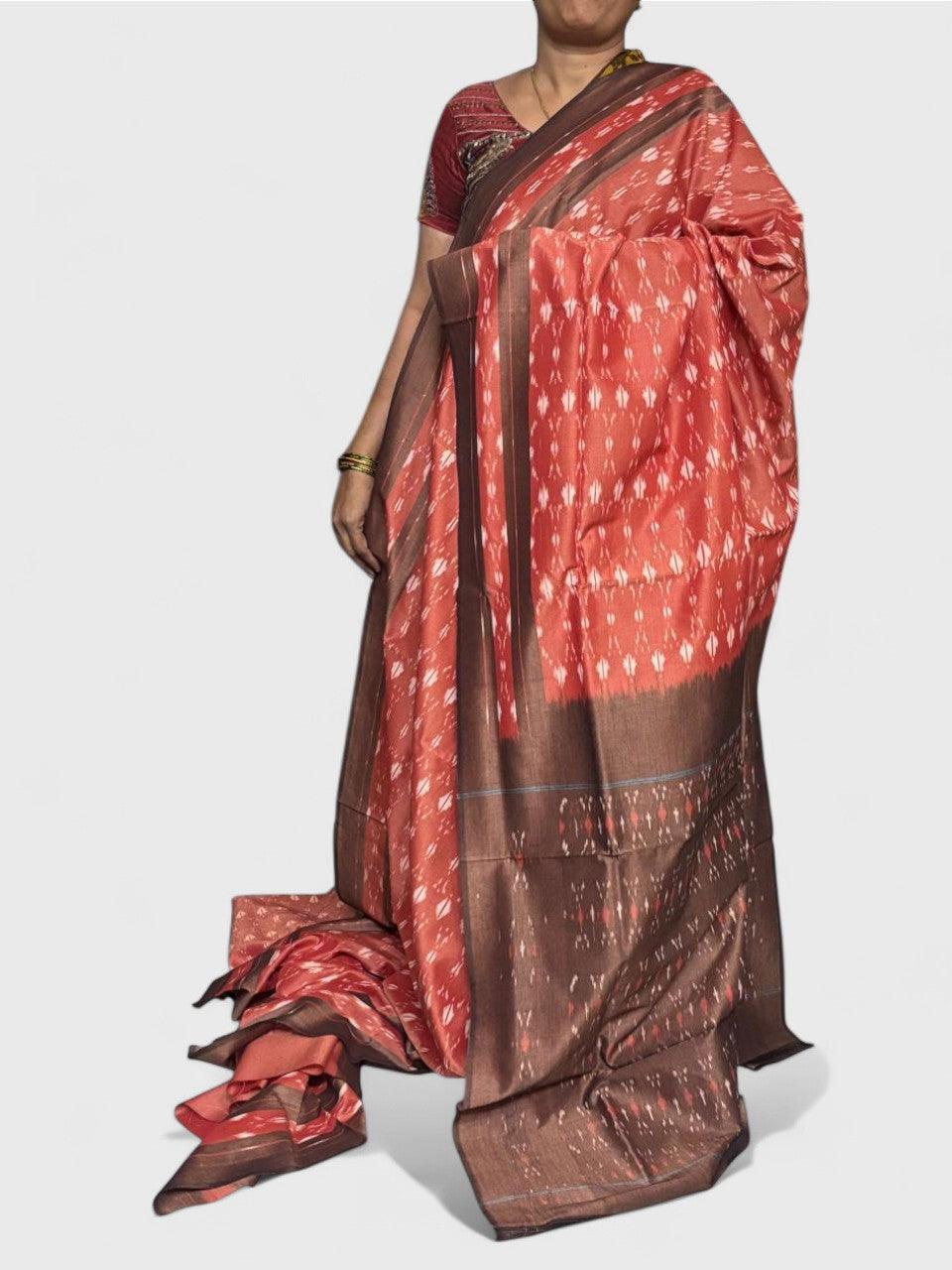 POCHAMPALLY IKKAT COTTON RED BROWN - pochampallysarees.com