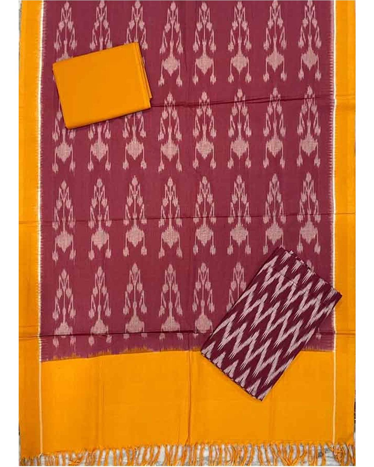POCHAMPALLY IKKAT COTTON RED WITH YELLOW COLOR DRESS MATERIAL - C29 - pochampallysarees.com