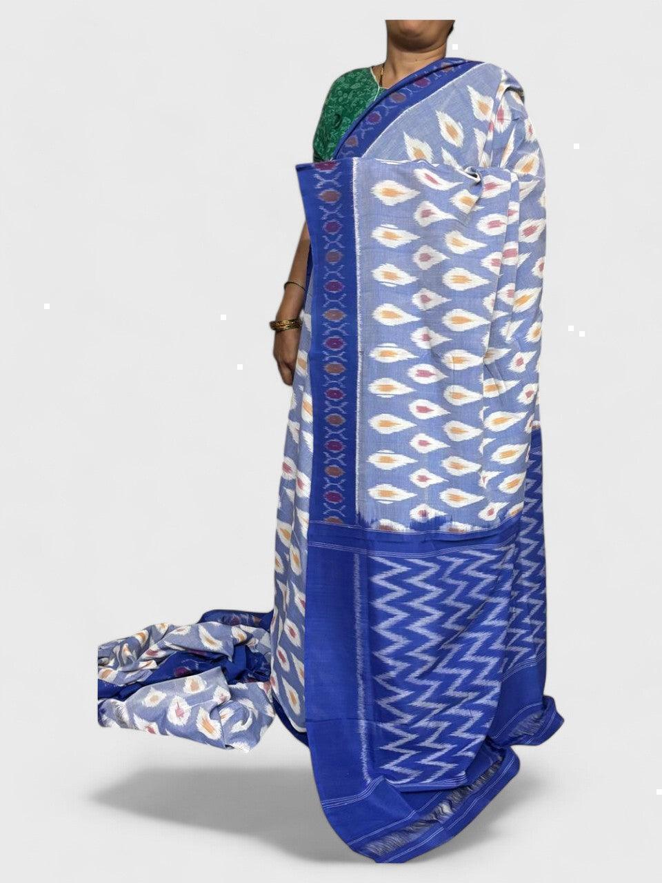POCHAMPALLY IKKAT COTTON WHITE BLUE - pochampallysarees.com