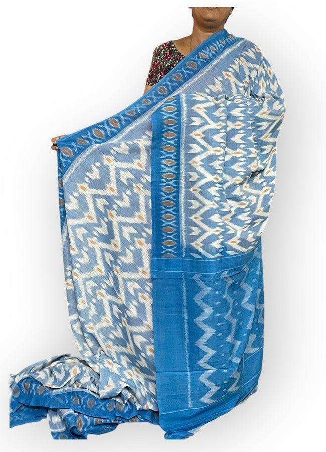 Pochampally Ikkat Cotton White Blue - pochampallysarees.com