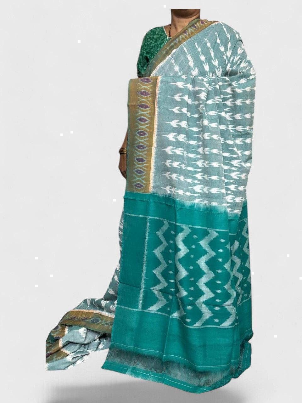 POCHAMPALLY IKKAT COTTON WHITE GREEN - pochampallysarees.com