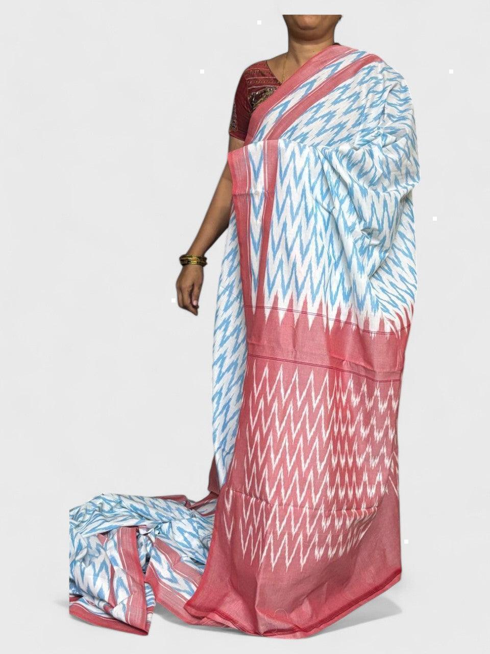 POCHAMPALLY IKKAT COTTON WHITE RED - pochampallysarees.com