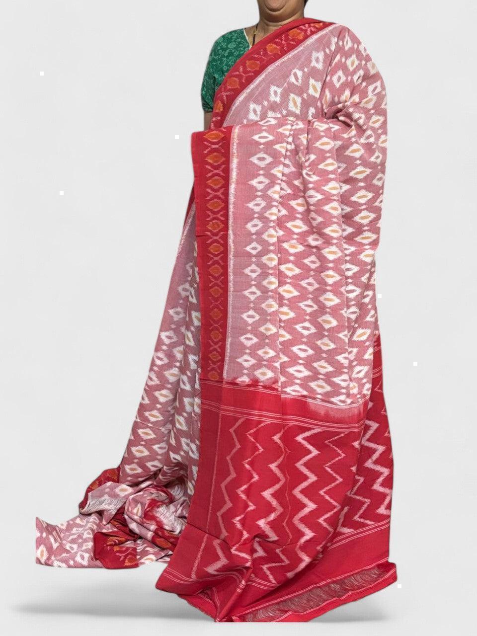 POCHAMPALLY IKKAT COTTON WHITE RED - pochampallysarees.com