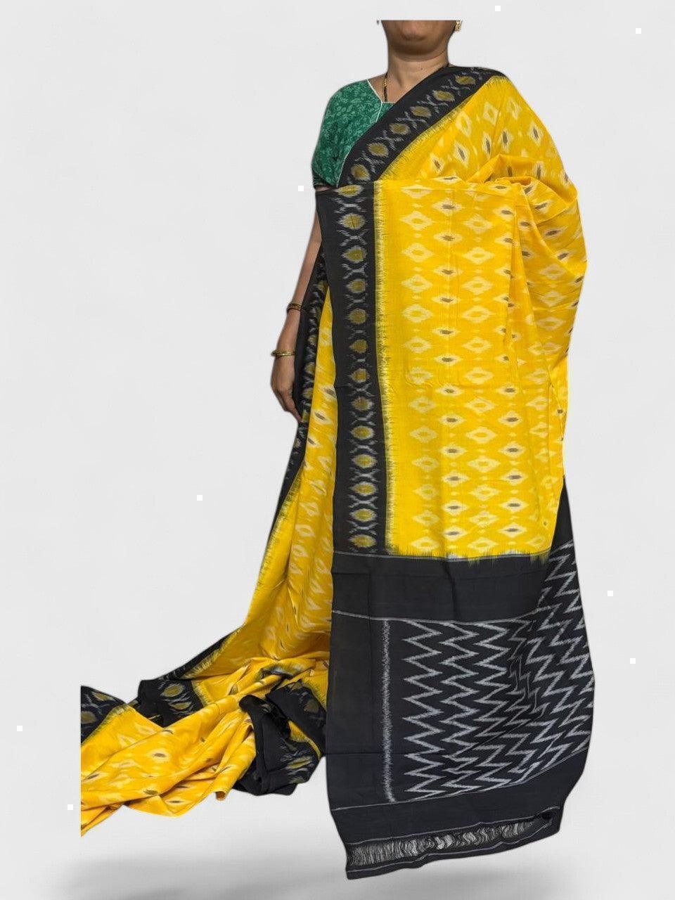 POCHAMPALLY IKKAT COTTON YELLOW BLUE - pochampallysarees.com