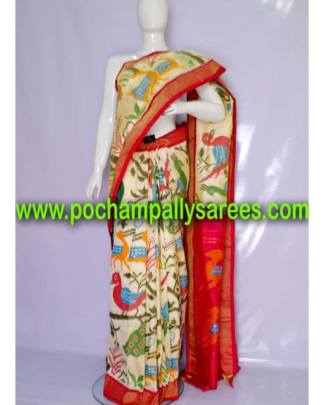 POCHAMPALLY IKKAT DESIGNER CREAM COLOR SAREE - pochampallysarees.com