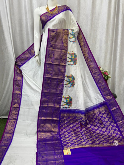 Pochampally Ikkat Kanchi Border Cream Blue - pochampallysarees.com