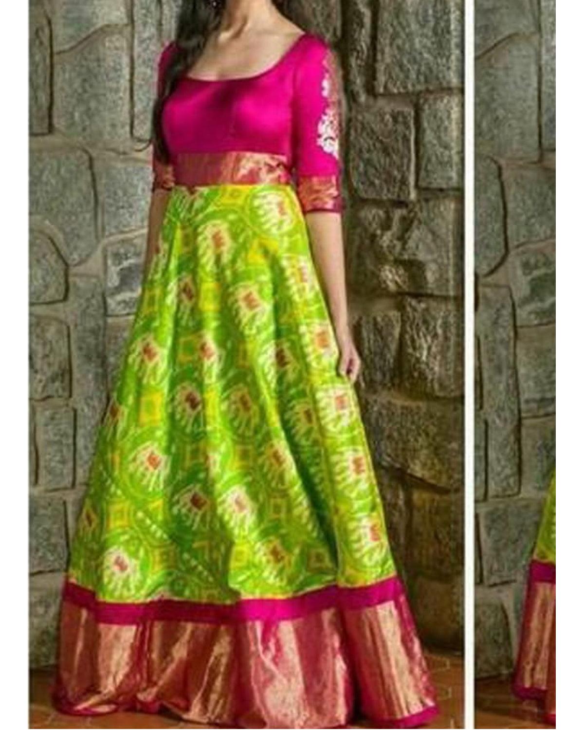 POCHAMPALLY IKKAT PARROT GREEN AND PINK KANCHI BORDER LEHENGA - pochampallysarees.com