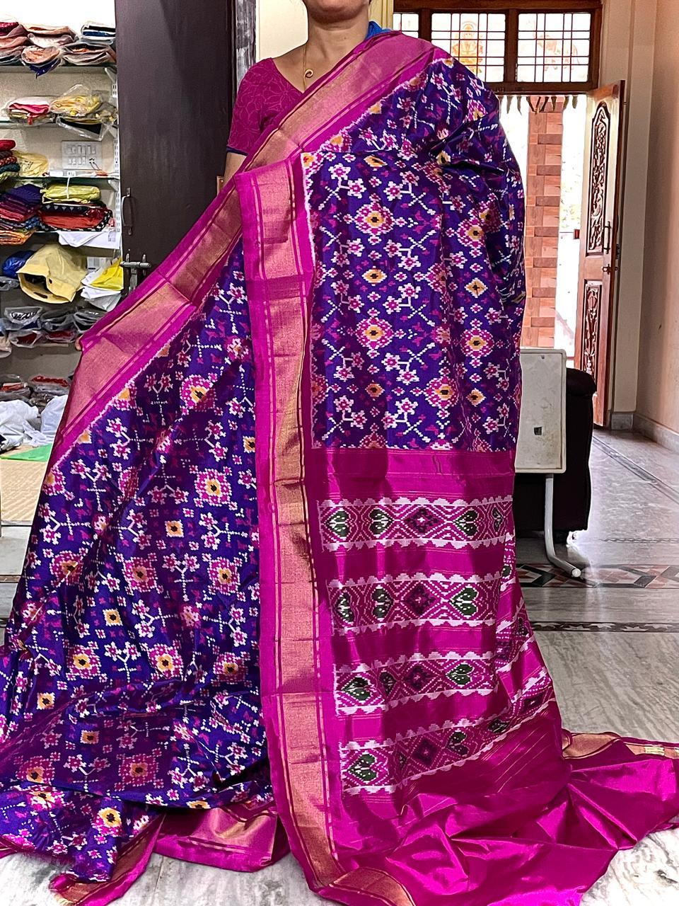 Pochampally Ikkat Patola Silk Purple Body With Border And Pallu Pink Sari - pochampallysarees.com