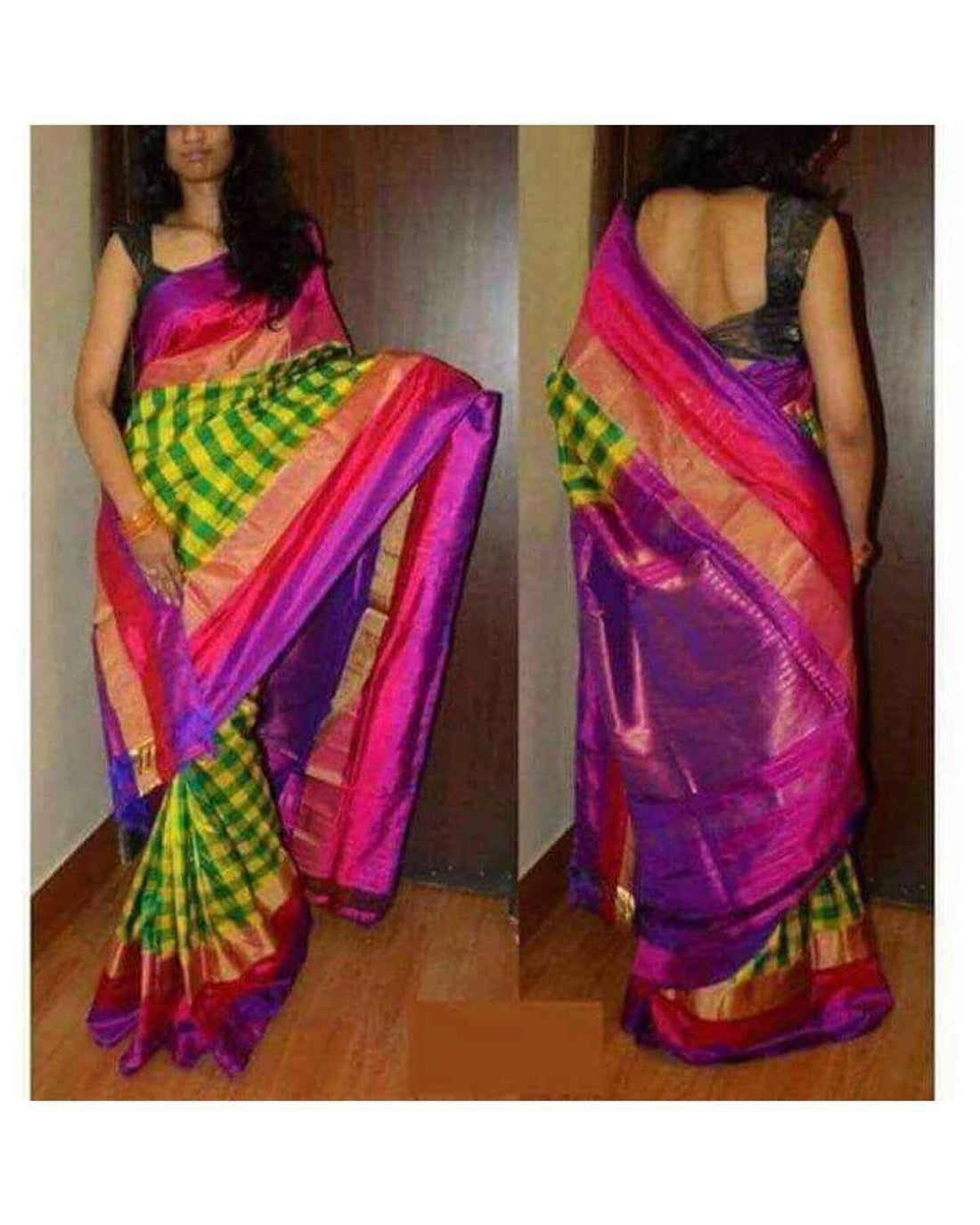 POCHAMPALLY IKKAT SAREE WITH LEMON YELLOW AND GREEN CHECKS - pochampallysarees.com