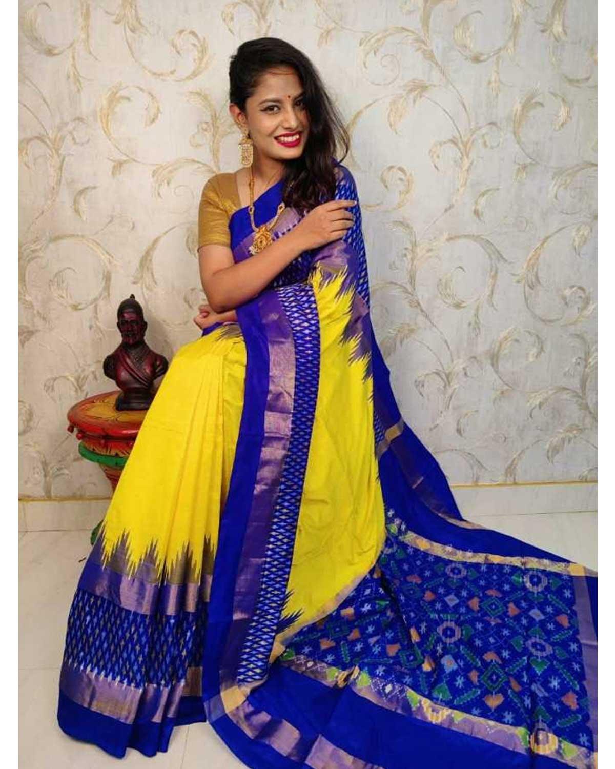 POCHAMPALLY IKKAT SAREE YELLOW WITH BLUE - pochampallysarees.com