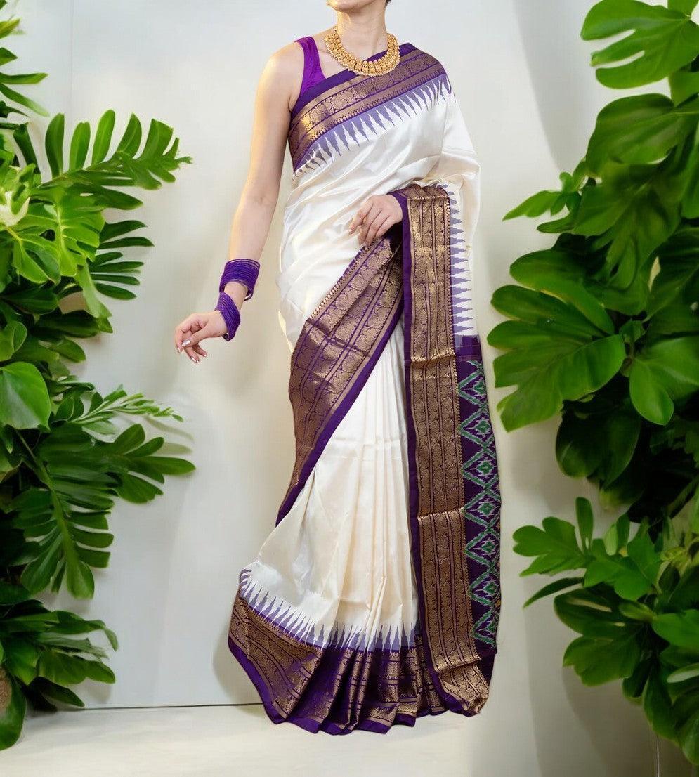 Pochampally Ikkat Silk &amp; Pattu Cream Purple Sari - pochampallysarees.com