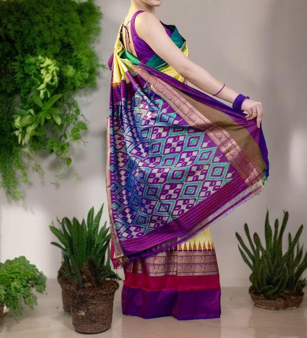 Pochampally Ikkat Silk Cream Purple - pochampallysarees.com