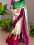 Pochampally Ikkat Silk Cream Purple - pochampallysarees.com