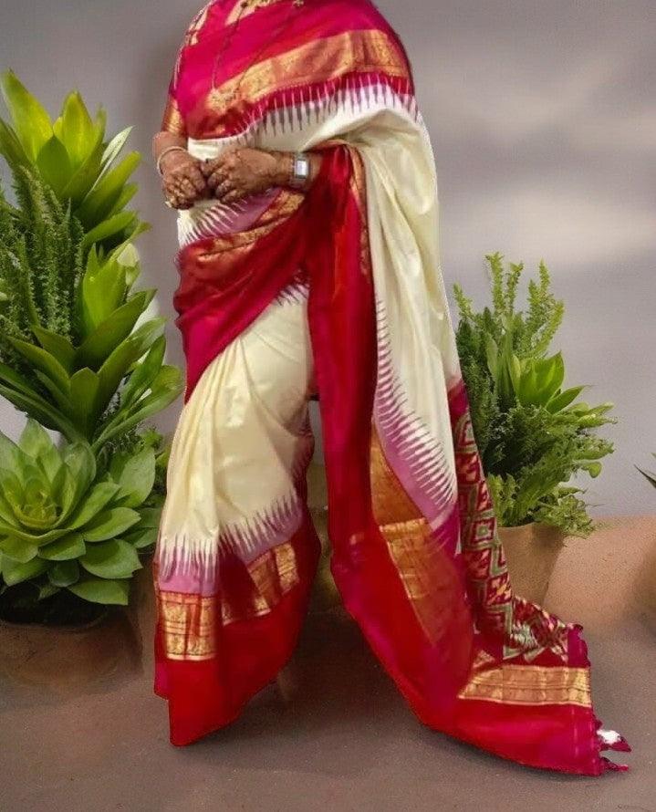 Pochampally Ikkat Silk Cream Red - pochampallysarees.com