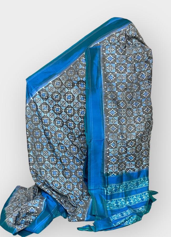 Pochampally Ikkat Silk Gray Blue - pochampallysarees.com