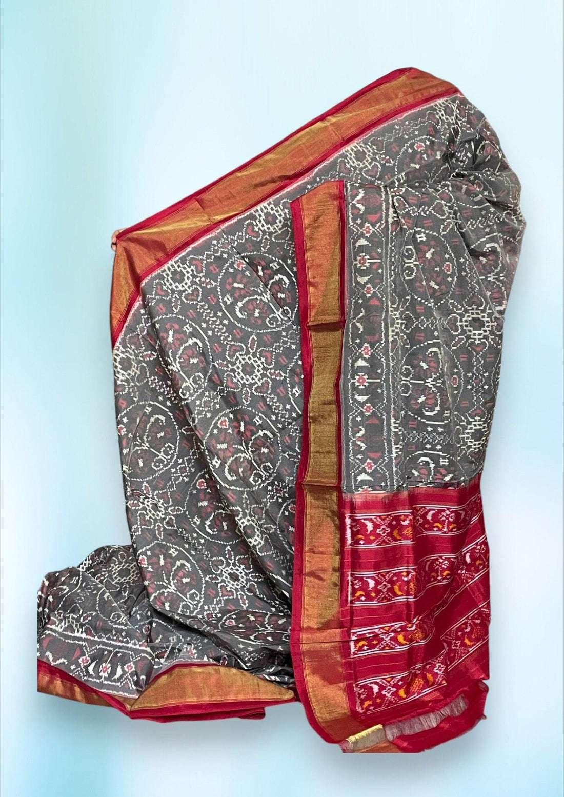 Pochampally Ikkat Silk Gray Red - pochampallysarees.com