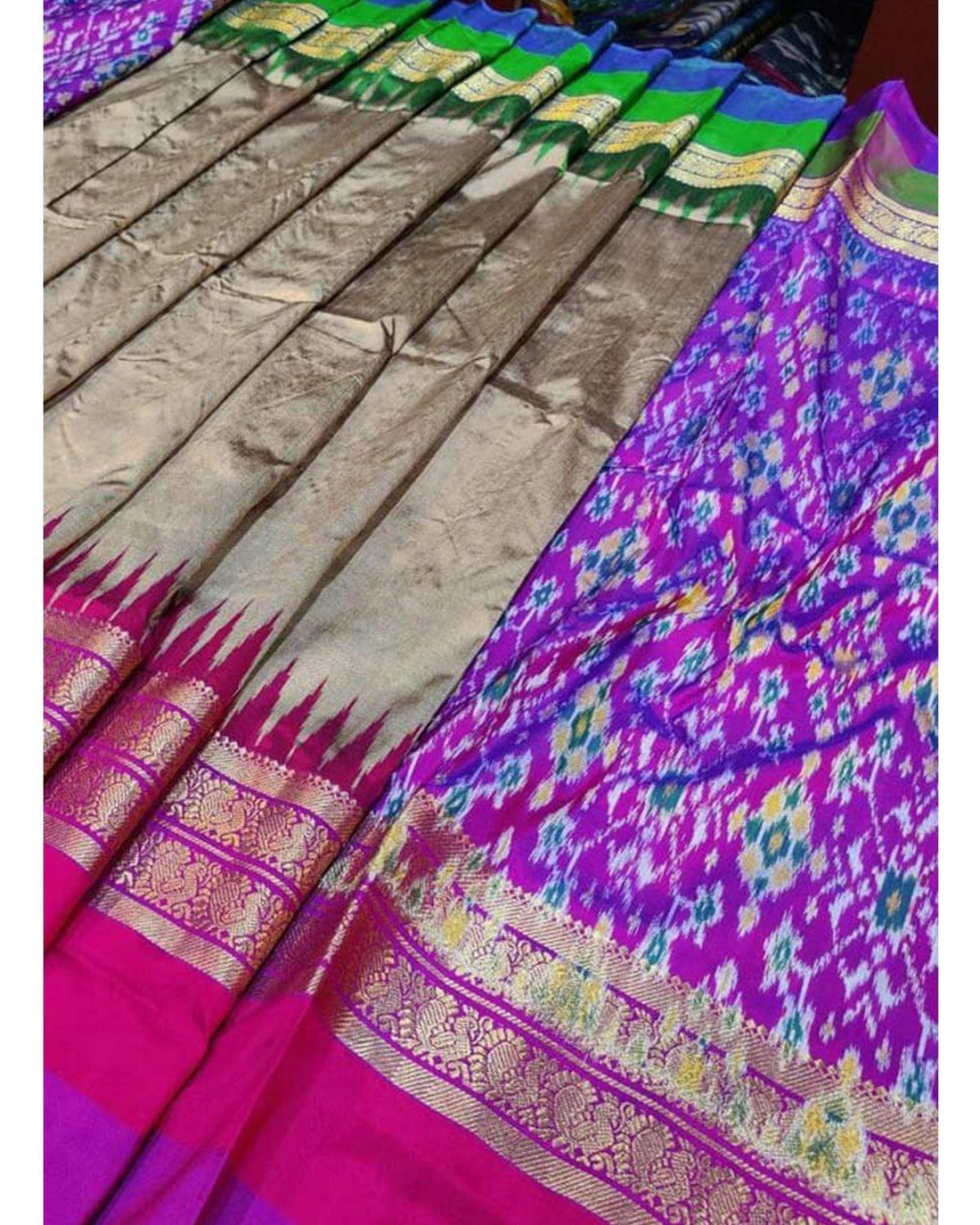 POCHAMPALLY IKKAT SILK GRAY WITH PURPLE COLOR SAREE - pochampallysarees.com