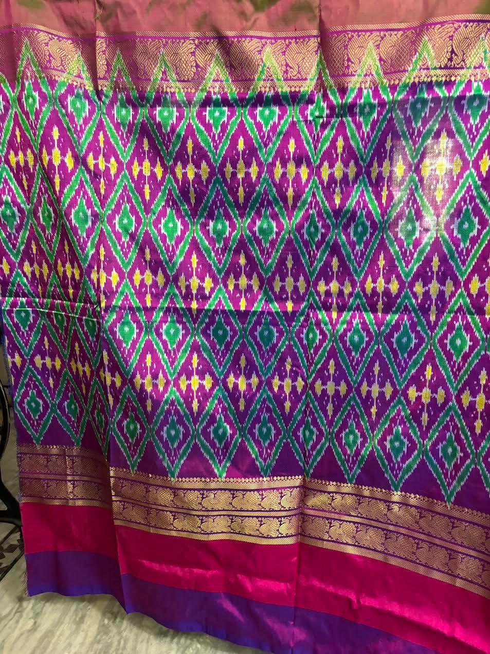 Pochampally Ikkat Silk Kanchi Border Cream Purple Sari - pochampallysarees.com