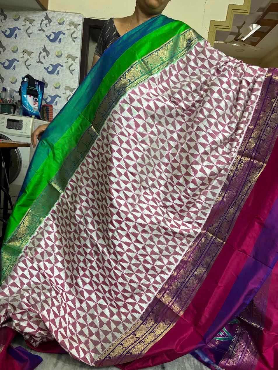 Pochampally Ikkat Silk Kanchi Border Cream Purple Sari - pochampallysarees.com