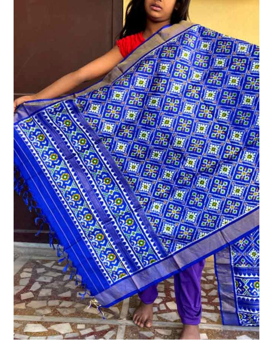POCHAMPALLY IKKAT SILK NAVY BLUE WITH RED COLOR DUPATTA - pochampallysarees.com