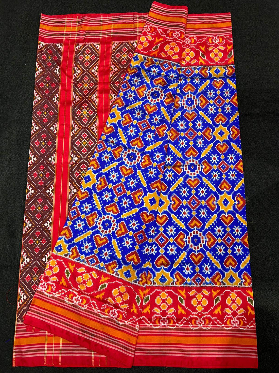 Pochampally Ikkat Silk Patola Blue With Red Sari - pochampallysarees.com