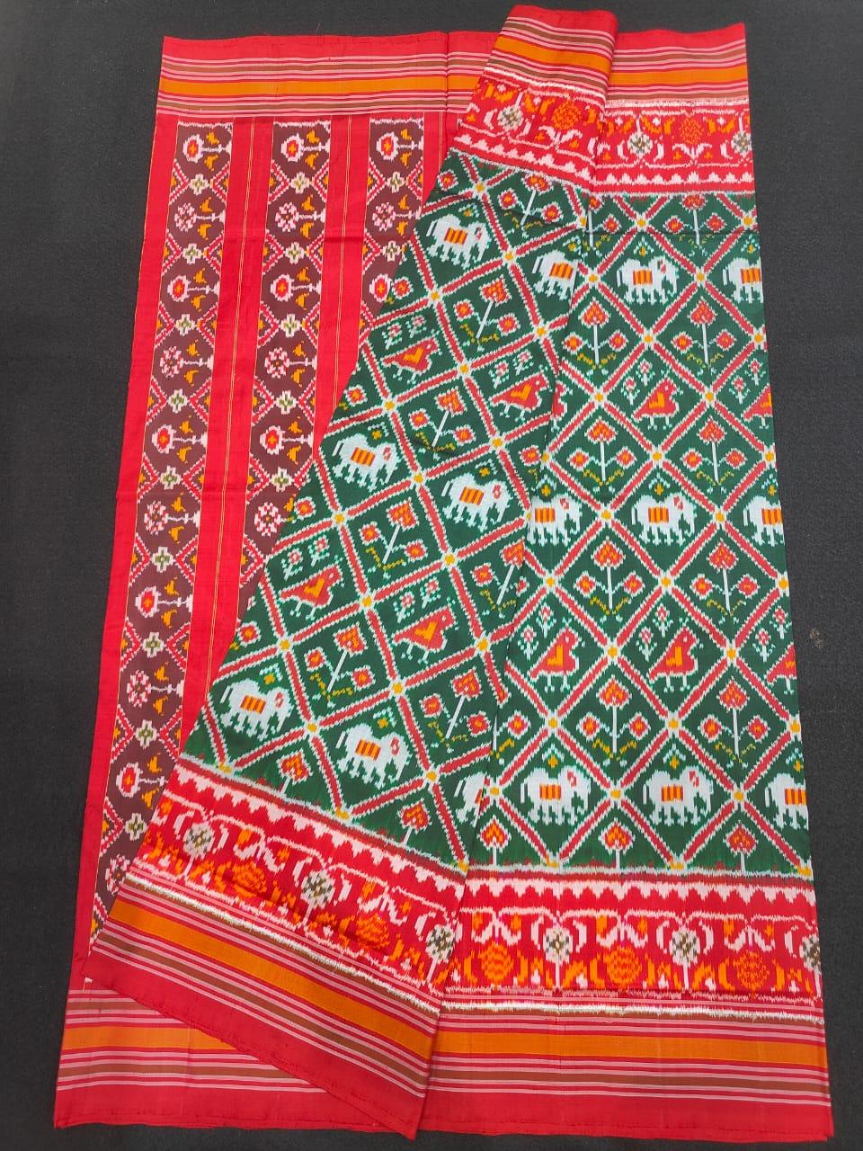 Pochampally Ikkat Silk Patola Green With Red Sari - pochampallysarees.com