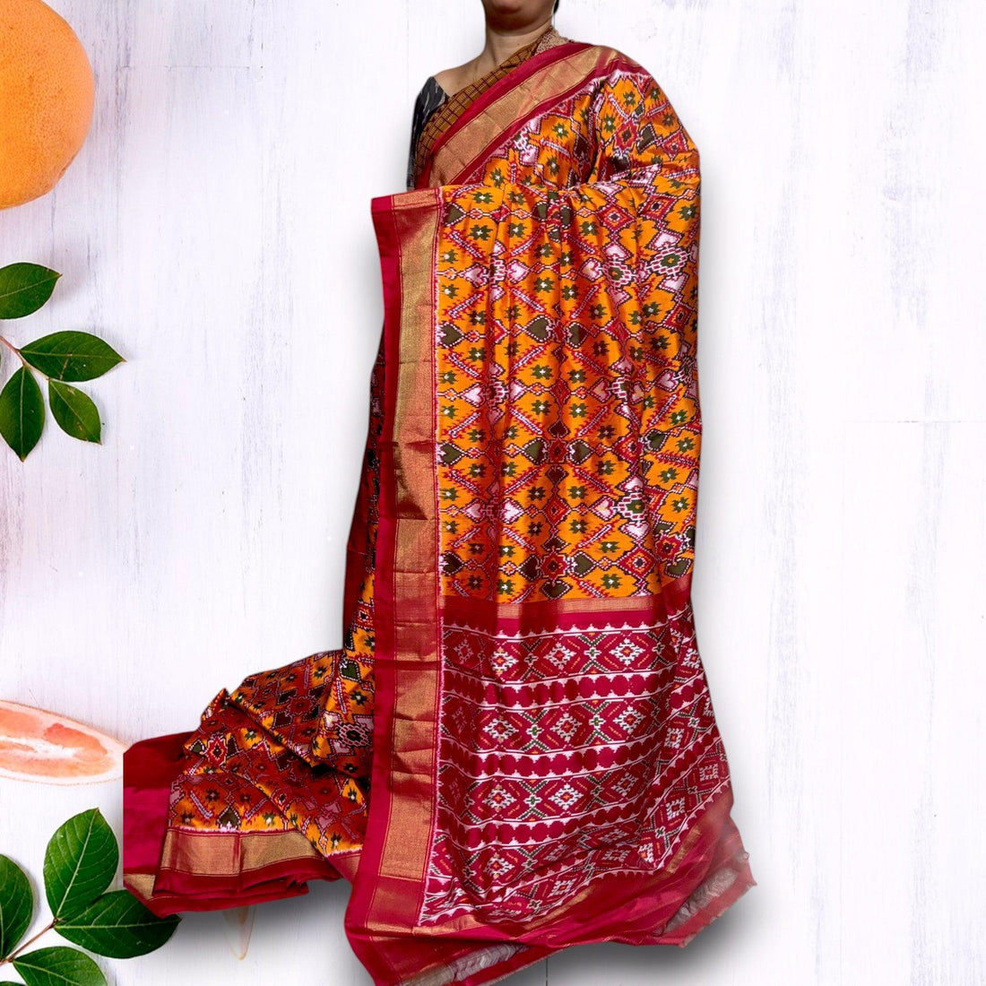 Pochampally Ikkat Silk Patola Yellow Red Online - pochampallysarees.com