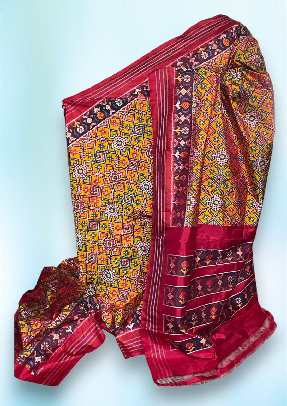 Pochampally Ikkat Silk Patola Yellow Red - pochampallysarees.com