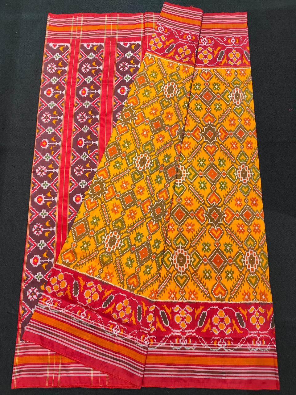 Pochampally Ikkat Silk Patola Yellow With Red Sari - pochampallysarees.com