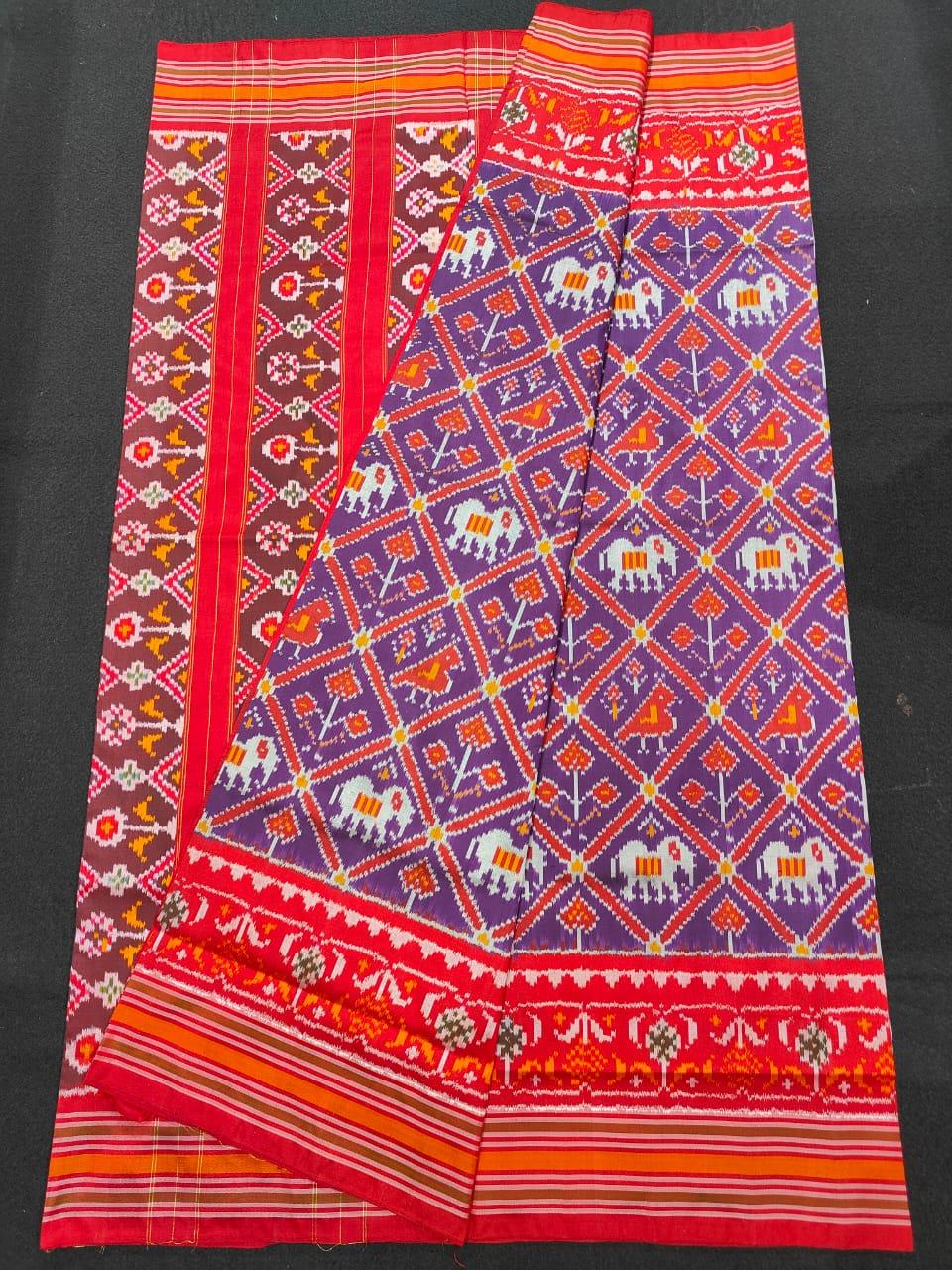 Pochampally Ikkat Silk PatolaVoilet With Red Sari - pochampallysarees.com