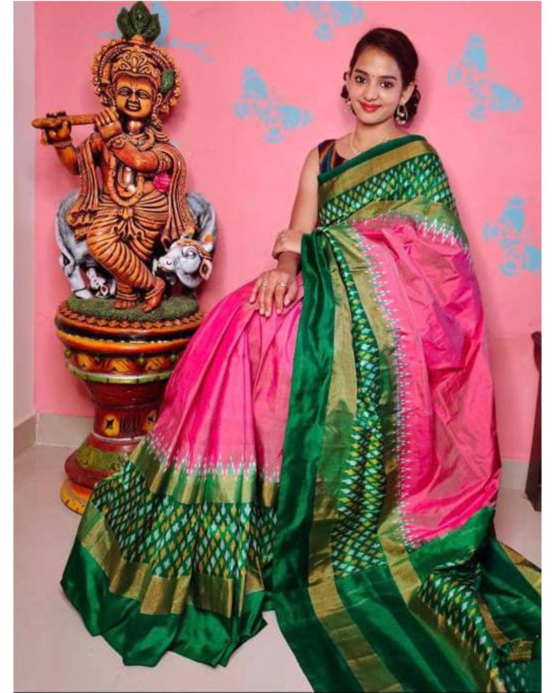 POCHAMPALLY IKKAT SILK PINK WITH GREEN COLOR - pochampallysarees.com