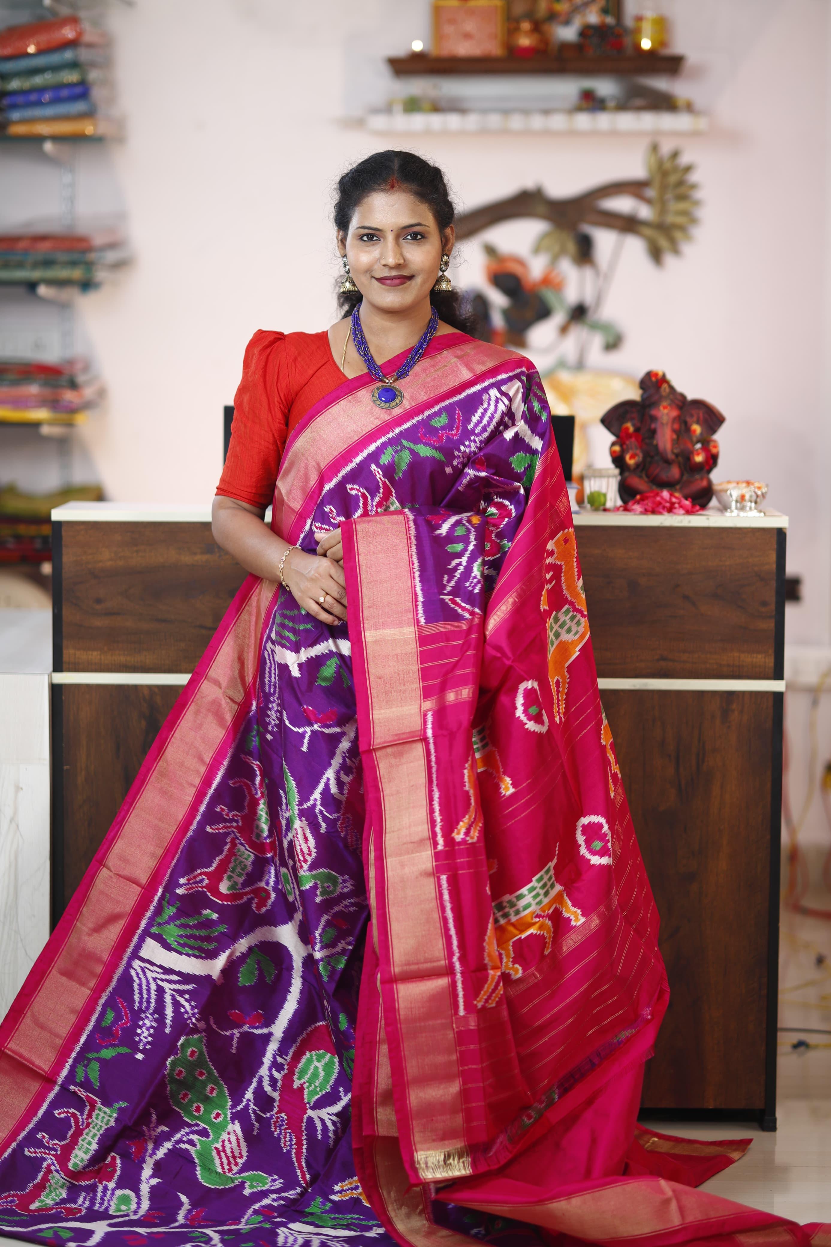 Pochampally Ikkat Silk Purple Pink - pochampallysarees.com