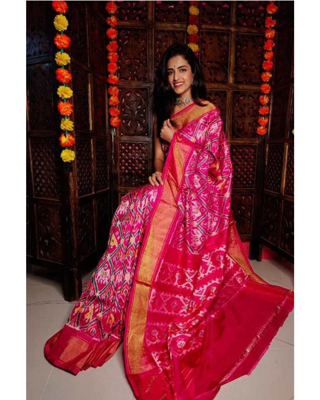 POCHAMPALLY IKKAT SILK SAREE PINK COLOR - pochampallysarees.com