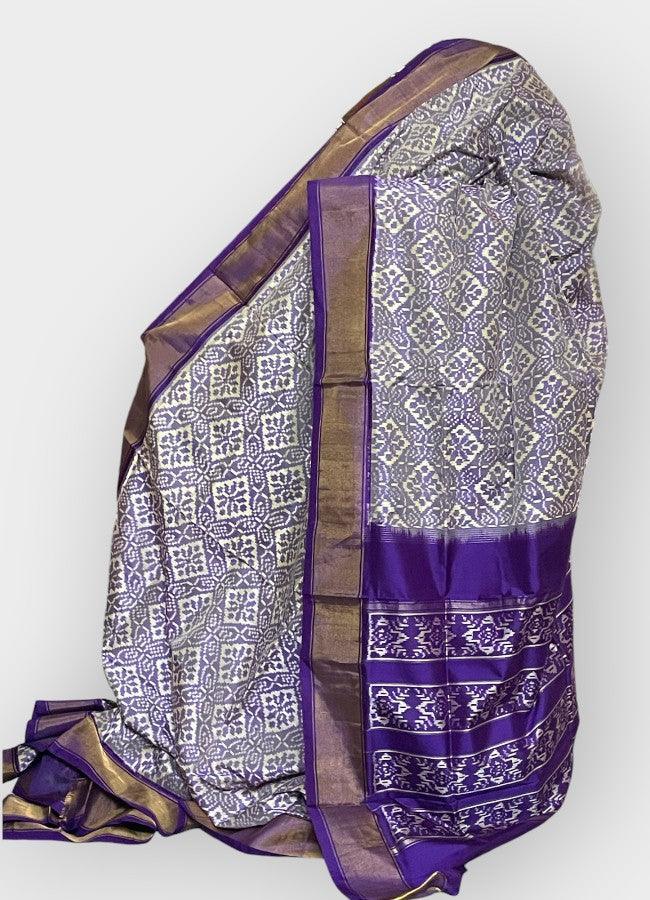 Pochampally Ikkat Silk White Purple - pochampallysarees.com
