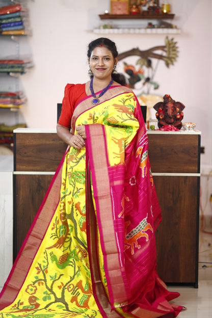 Pochampally Ikkat Silk yellow Pink - pochampallysarees.com