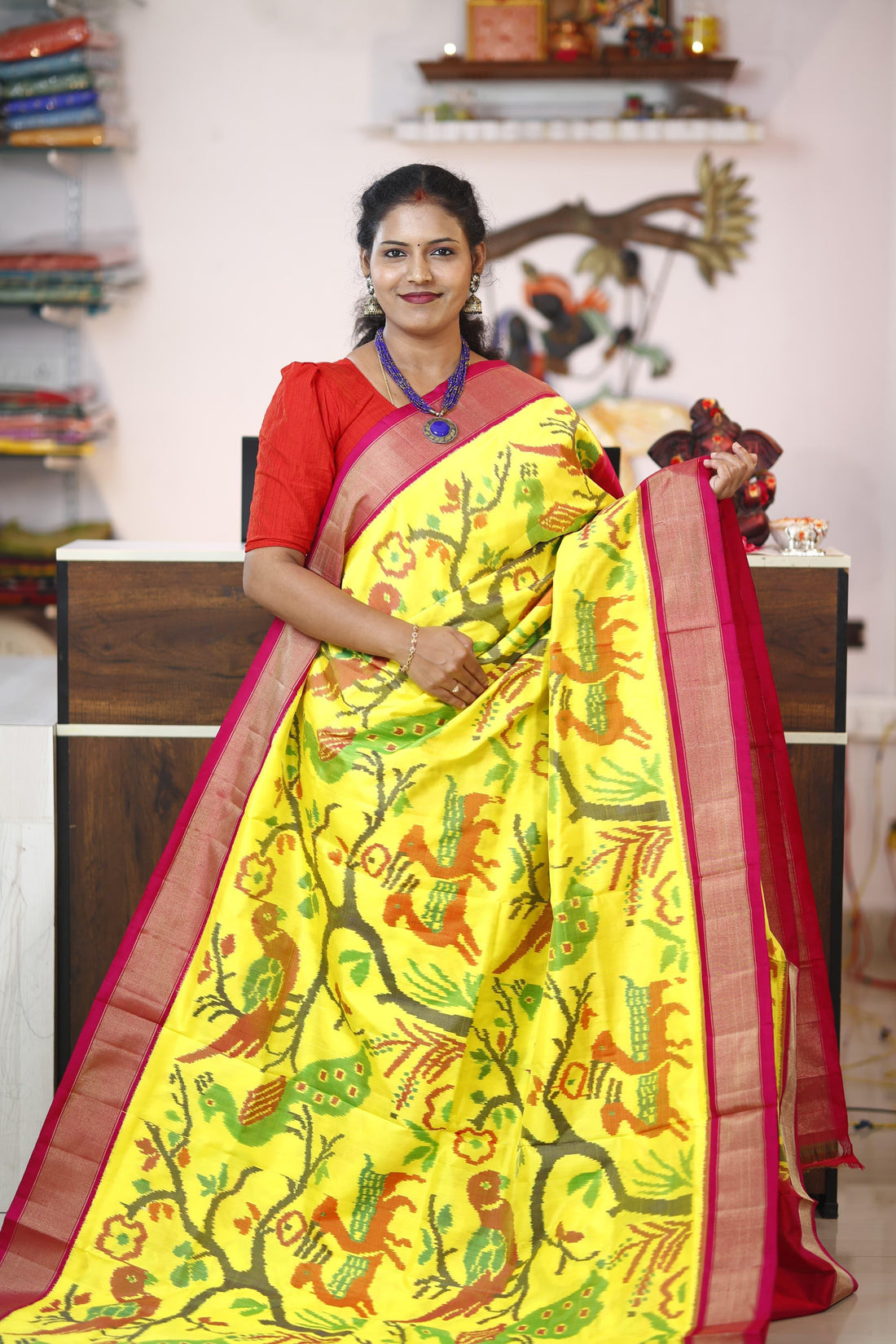 Pochampally Ikkat Silk yellow Pink - pochampallysarees.com