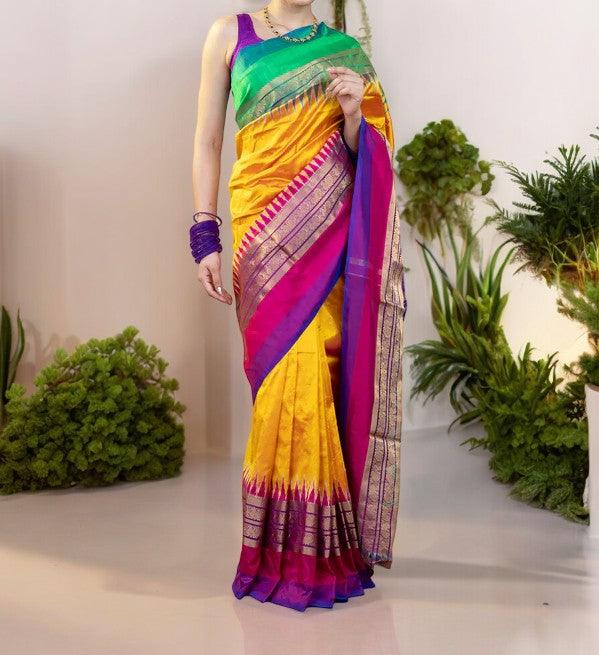 Pochampally Ikkat Silk Yellow Purple - pochampallysarees.com